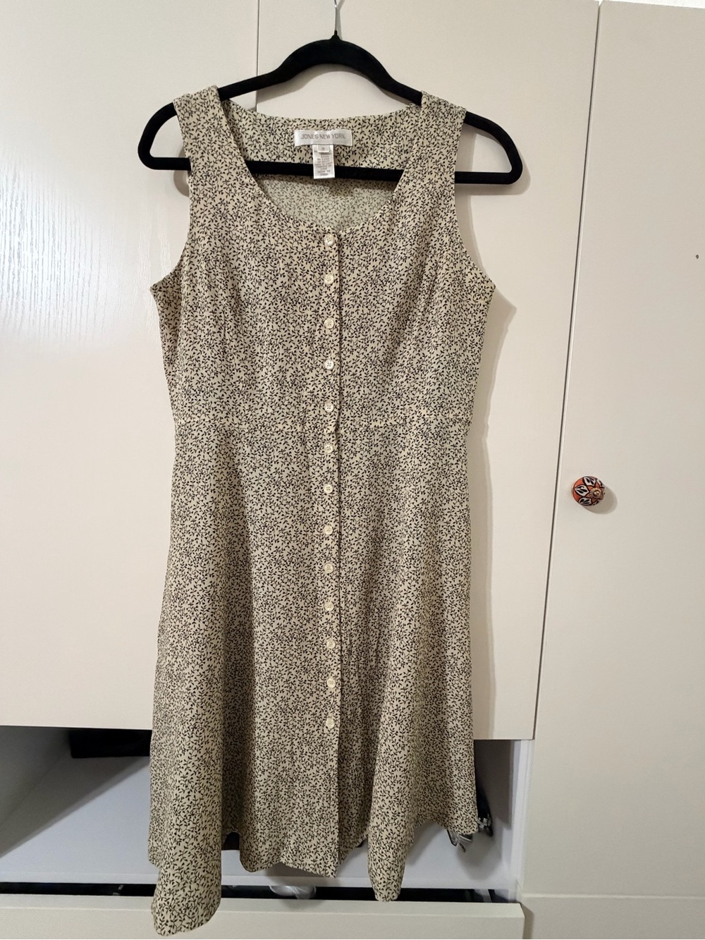 Vintage 90s Jones New York Cream and Black Printed Button-Front Mini Dress